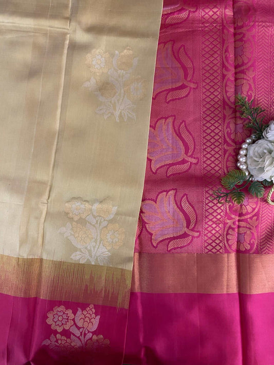 Cream and pink Zariwork Pure Silk Saree