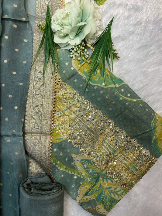 Grass green floral print suit