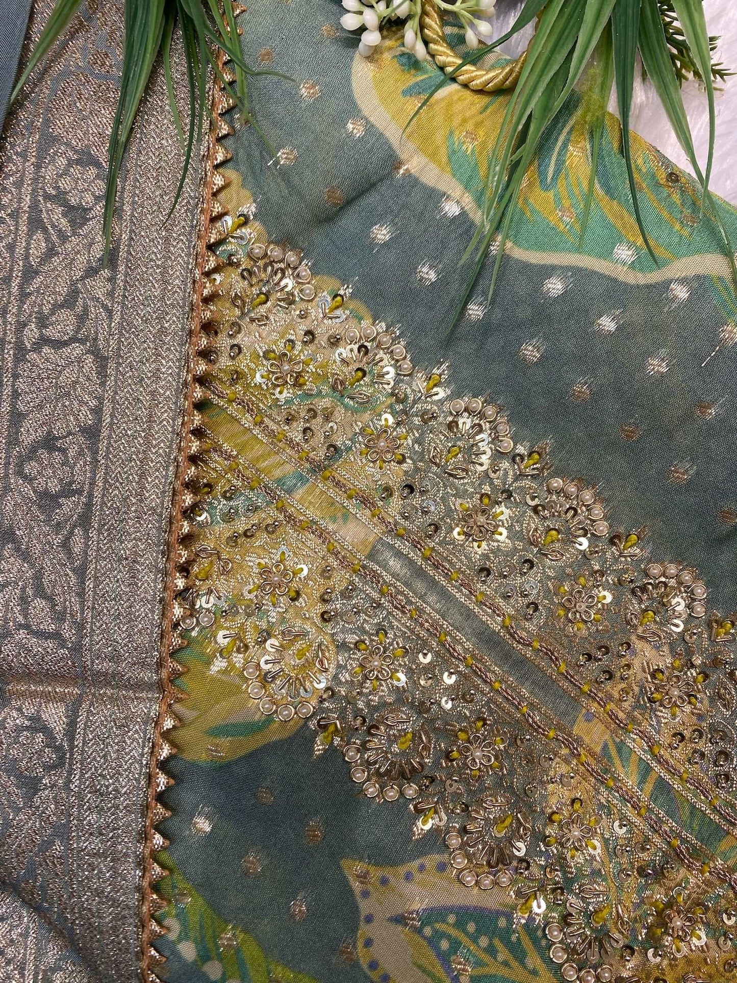 Grass green floral print suit