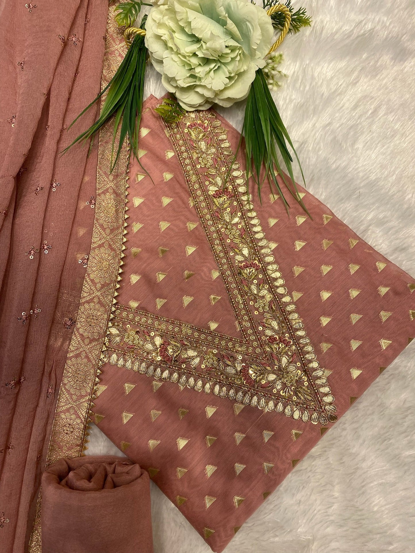 V SHAPPED NECK CHANDERI SUIT