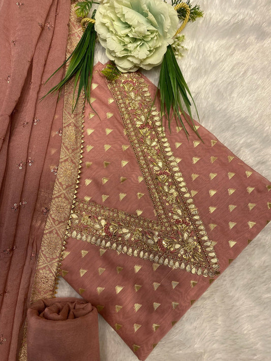 V SHAPPED NECK CHANDERI SUIT