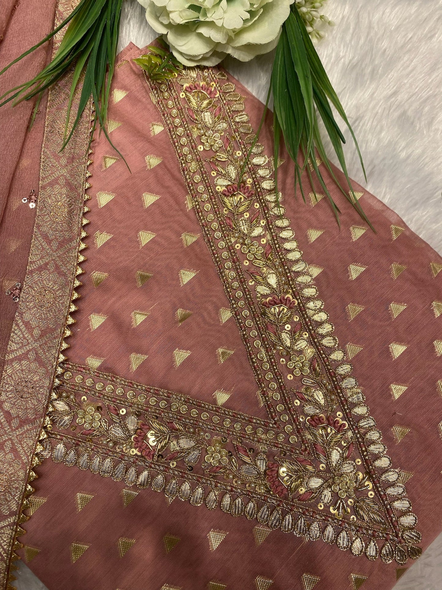V SHAPPED NECK CHANDERI SUIT