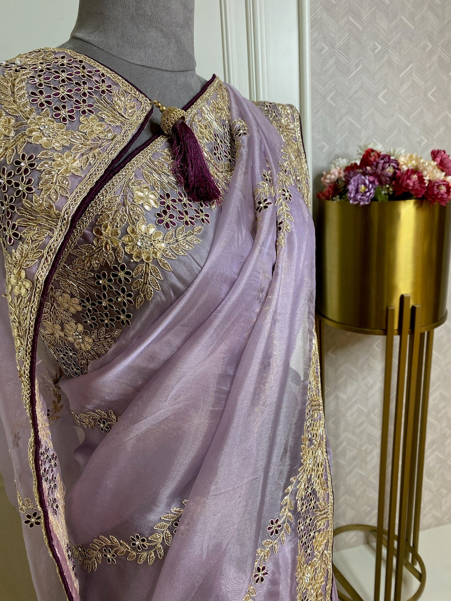 lilac organza saree with goat Zari work