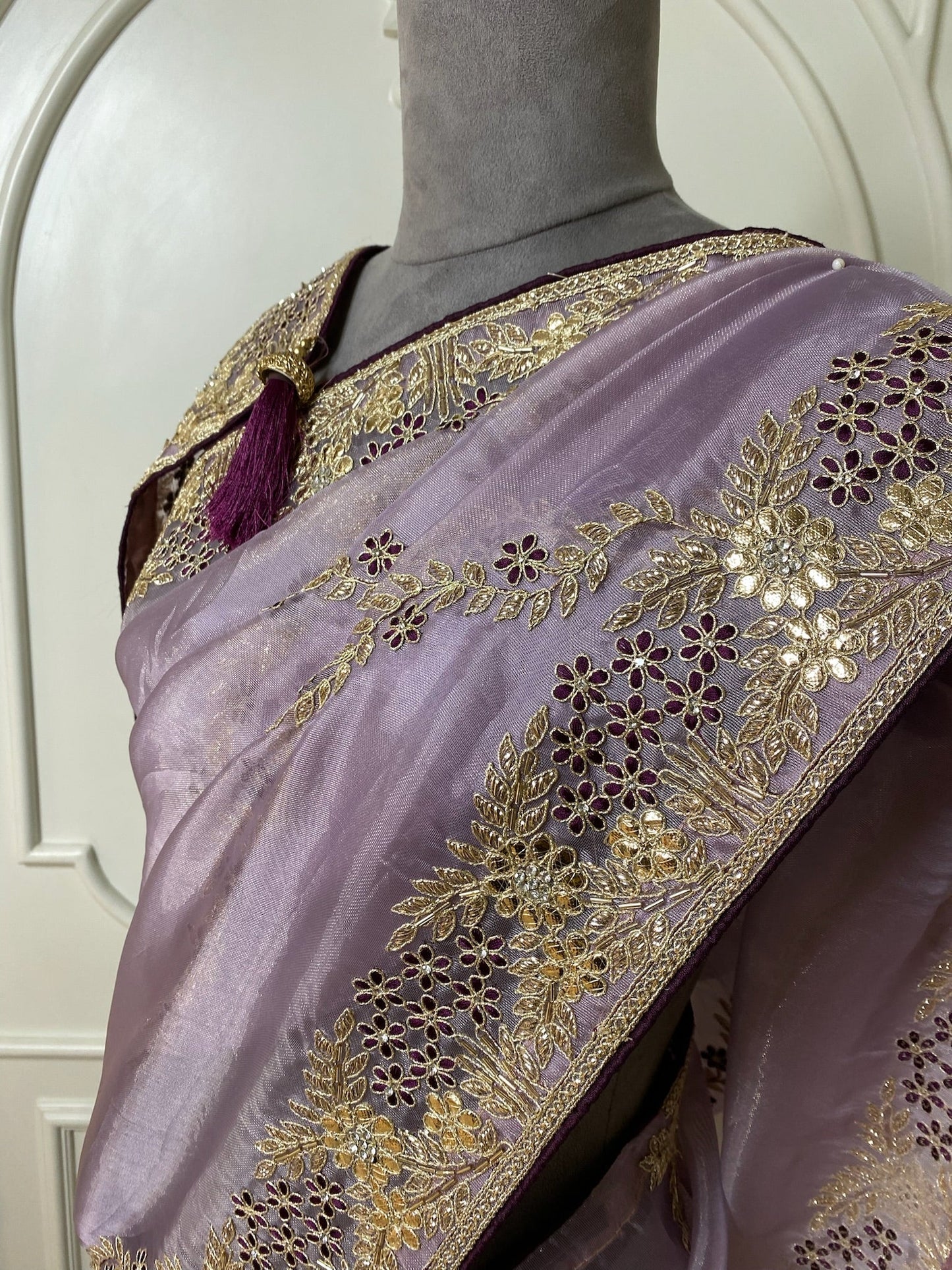 lilac organza saree with goat Zari work