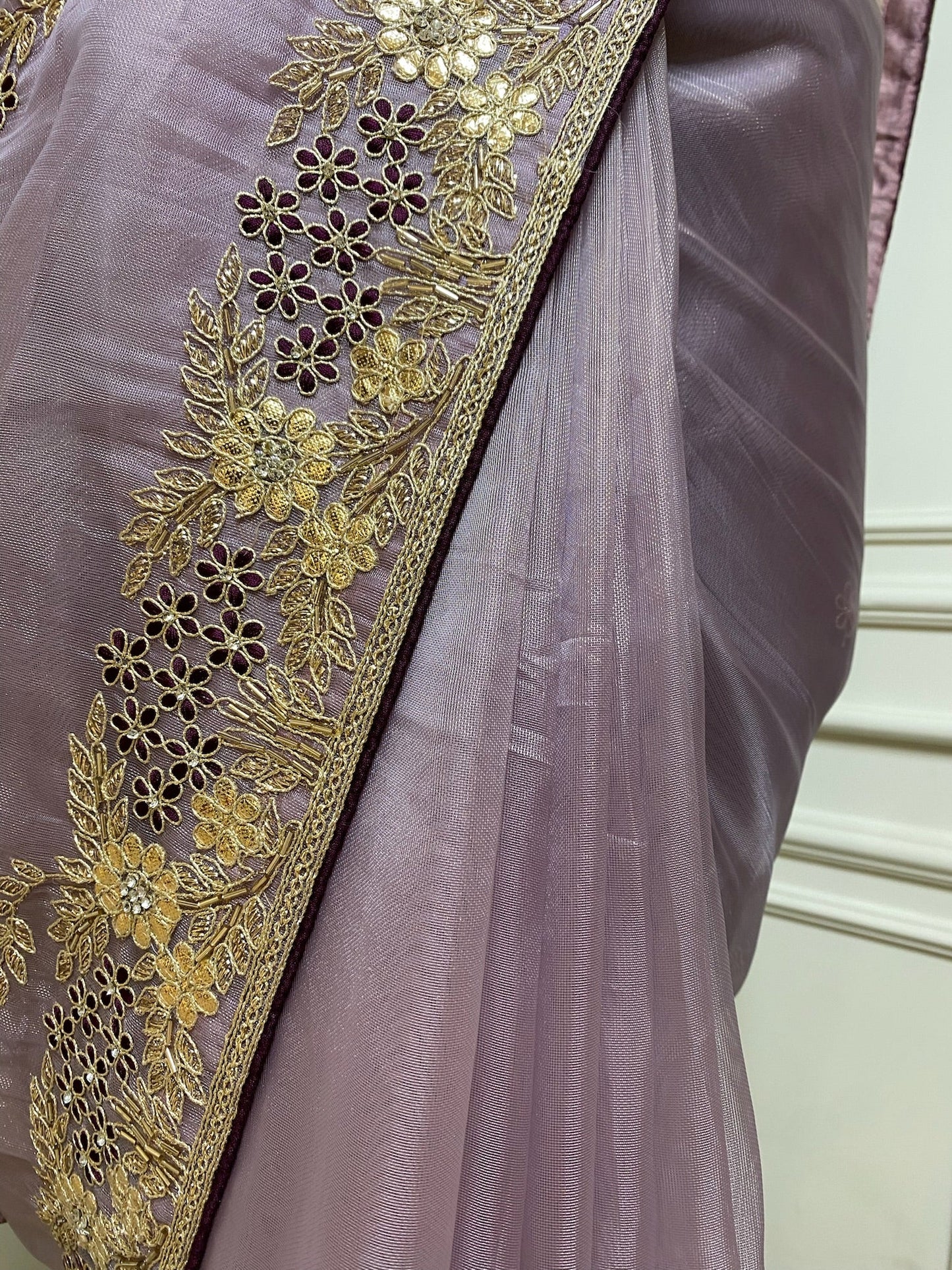 lilac organza saree with goat Zari work
