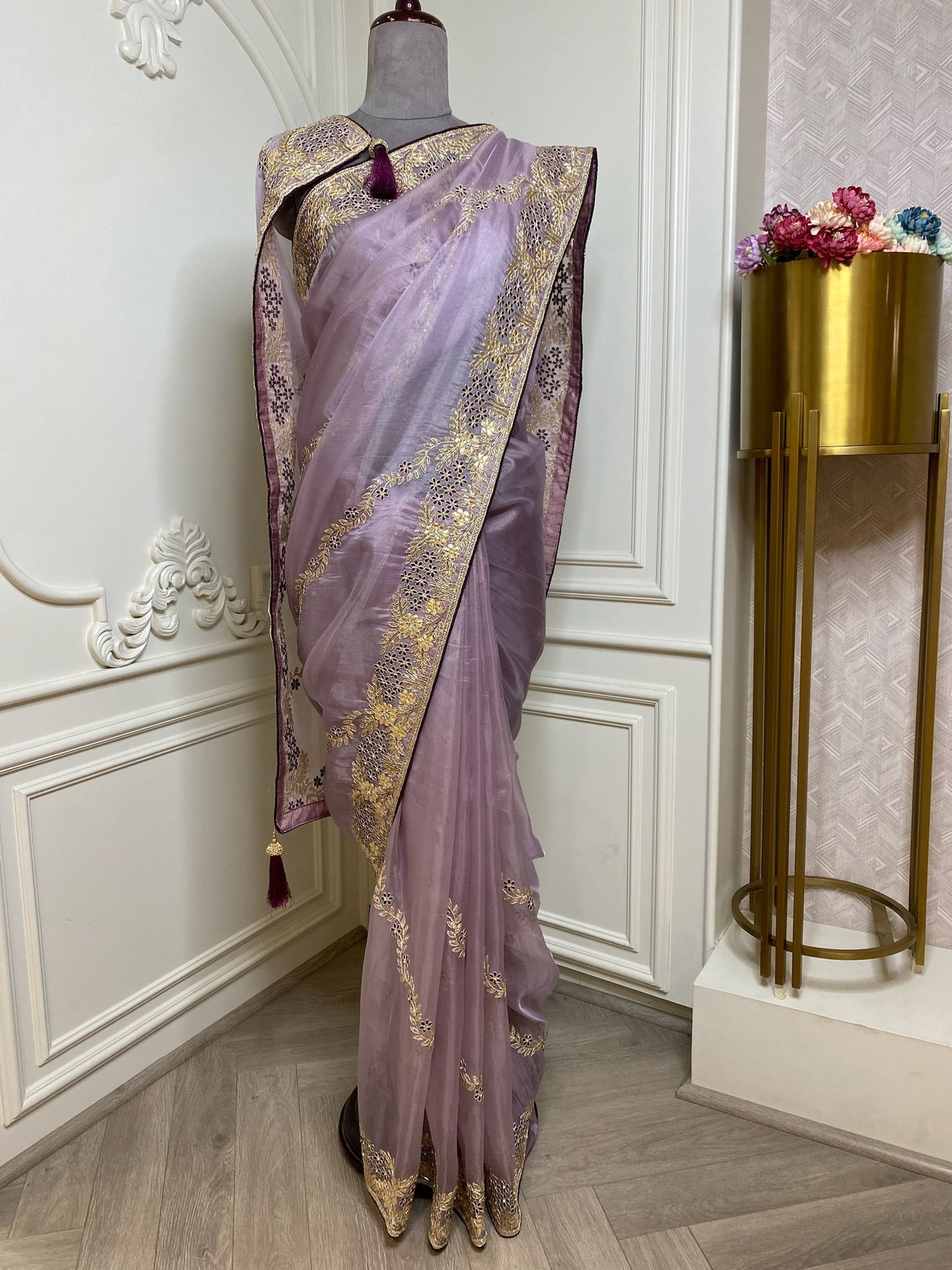 lilac organza saree with goat Zari work