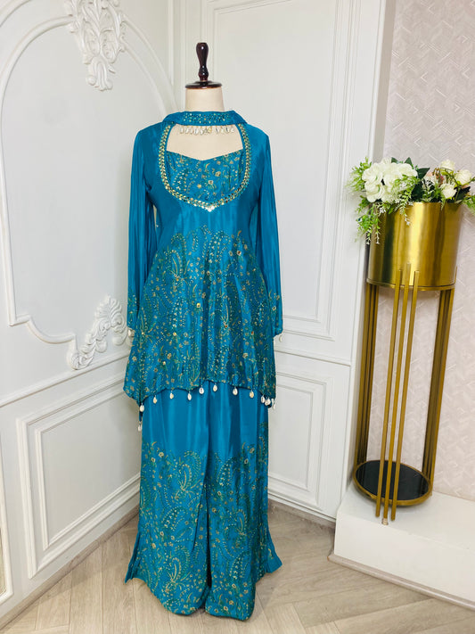 Teal Silk Kurta Sharara Set with Blue Dupatta